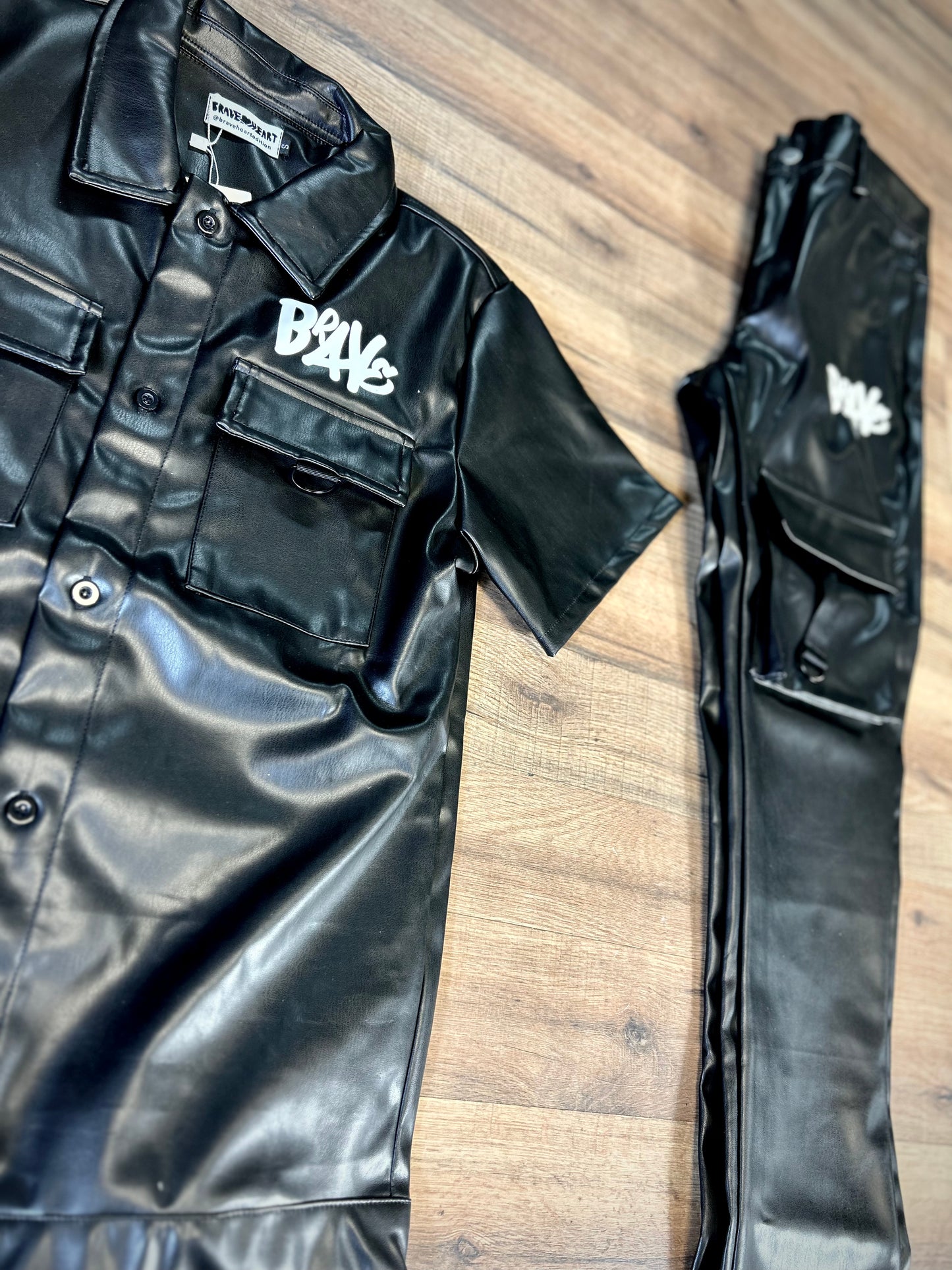 Brave Leather Jacket Shirt And Stacked Flare Pants Set